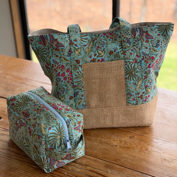Handbags - Handmade Floral Turquoise Tote Bag with Matching Pouch